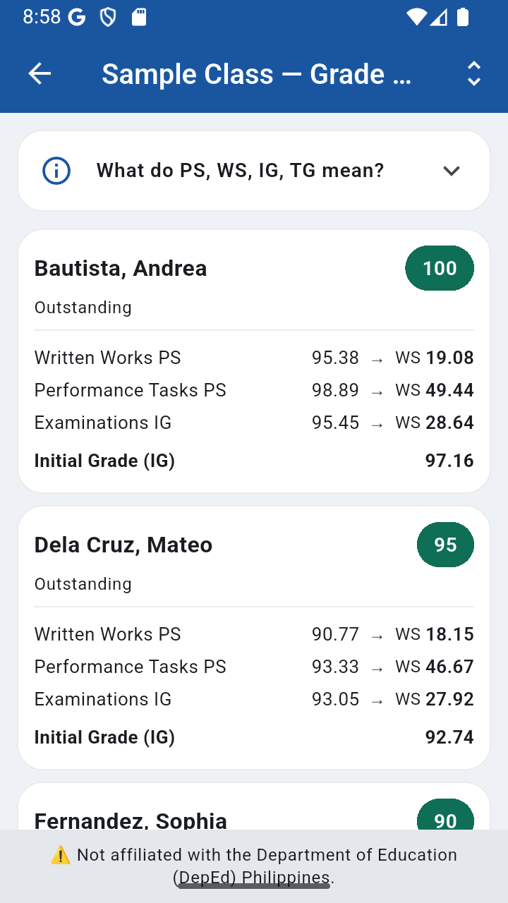 AnongKlase grade summary screen