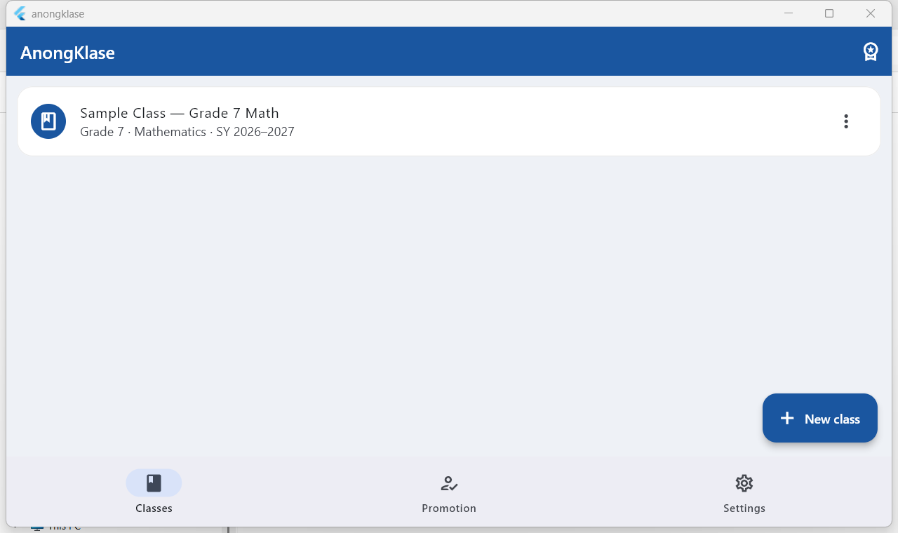 AnongKlase running on Windows — the class list
