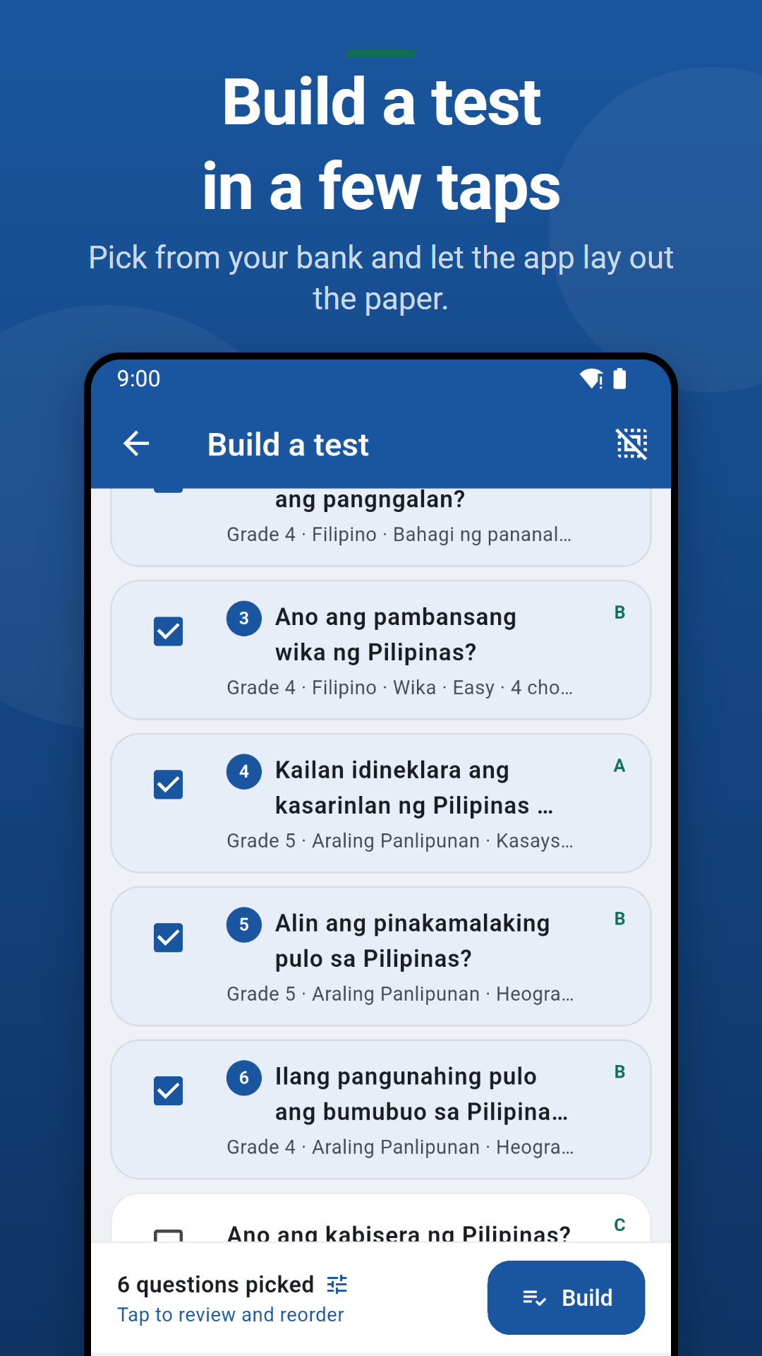 Build a test from your question bank in a few taps